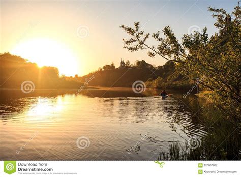 Beautiful Bright Sunset On Forest River Editorial Photography Image