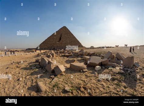 the pyramid of menkaure is the smallest of the three main pyramids of giza in cairo egypt stock
