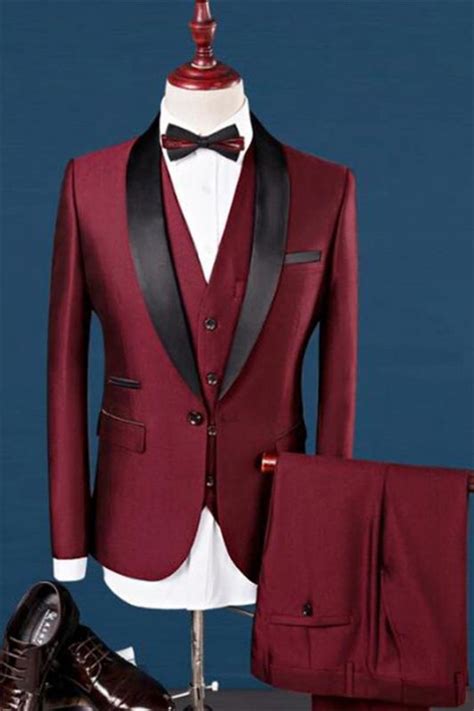Wine Red Shawl Lapel Wedding Tuxedos Dress Prom Men Suits 3 Pieces