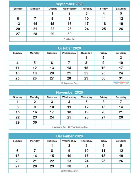 September To December 2020 Calendar Printable Free Download