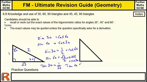 Using tan x = sin x / cos x to help. Geometry (Know and Use of sin cos tan of 30 45 60 ...