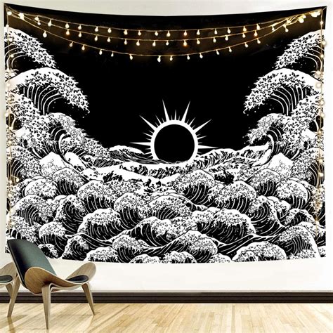 Funeon Great Wave Black And White Tapestry For Bedroom Sun Tapestry