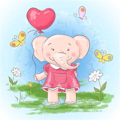 Illustration Postcard Cute Baby Elephant With A Balloon Flowers And