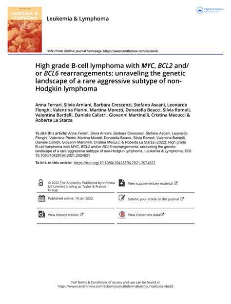 Pdf High Grade B Cell Lymphoma With Myc Bcl2 Andor Bcl6