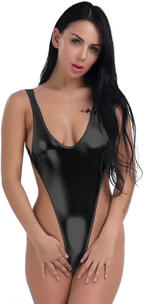 Inhzoy Women S Metallic Wet Look Pvc Leather One Piece Monokini Swimsuit High Cut Backless
