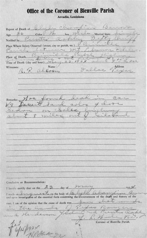 Coroners Report Pdf Bonnie Parker Bonnie N Clyde Bonnie Clyde