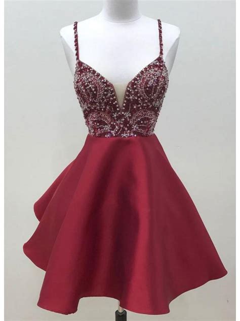 Cute Dark Red Short Prom Dresses Spaghetti Strap Beaded Satin A Line Homecoming Dresses V Neck