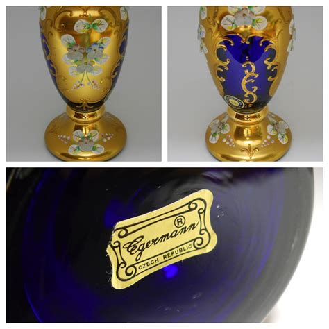 Egermann Czech Bohemian Gold High Enamel Blue Crystal Vase Collectors