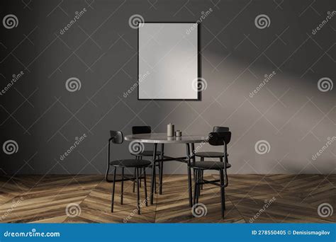 Minimalistic Gray Dining Room With Round Table And Poster Stock