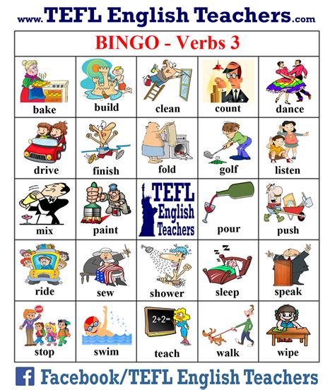 Tefl English Teachers Bingo Verbs Game Board 3 Of 20 English Language