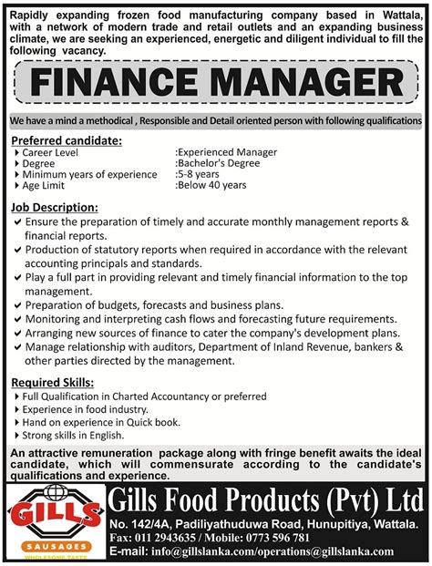 A bachelor's degree in finance, accounting, economics, or business administration is required. Finance Manager
