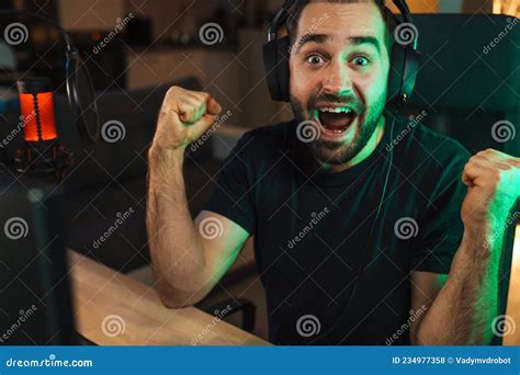 Happy Young Man Gamer Streamer In Headphones Stock Photo Image Of