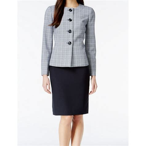 le suit new blue womens size 4 plaid collarless tweed skirt suit set