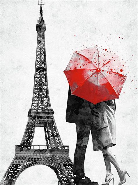 Eiffel Tower With Lovers And Red Umbrella Art Print By Mihaela Pater