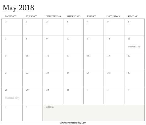 Editable Calendar May 2018 With Holidays Whatisthedatetodaycom