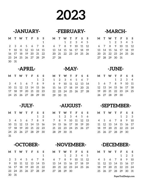 2023 Monday Start Calendar One Page Paper Trail Design Bullet