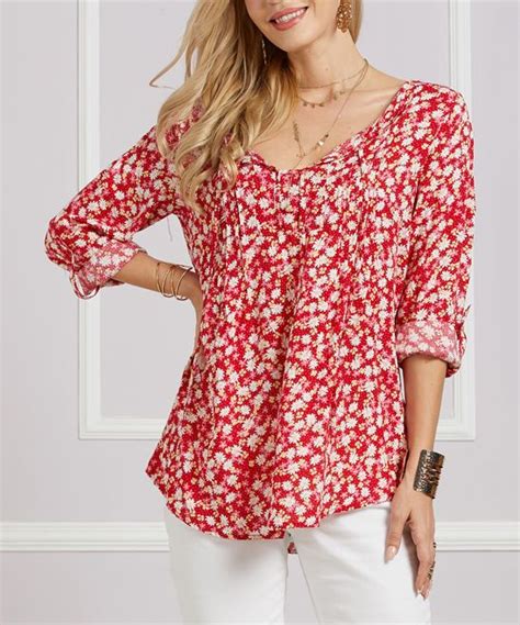 Suzanne Betro Red White Floral Tie Front Tunic Plus Size