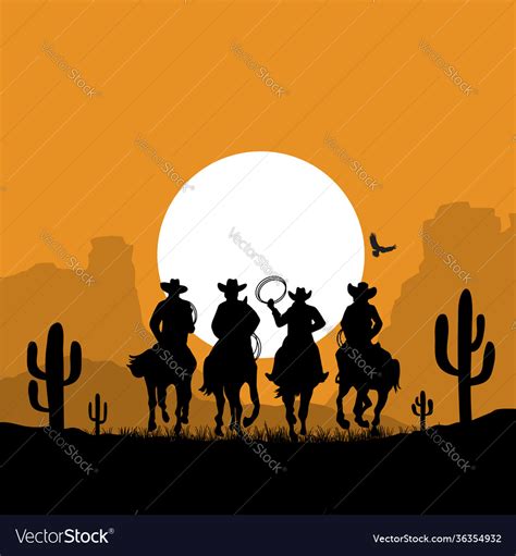 Cowboys Silhouette Riding Horses At Sunset Desert Vector Image