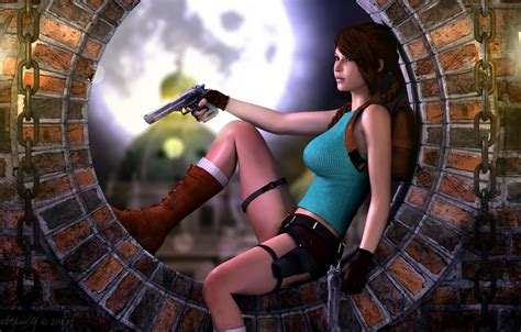 Wallpaper Girl Face Weapons Guns Mike Chain Sitting Lara Croft Lara Croft Tomb Raider