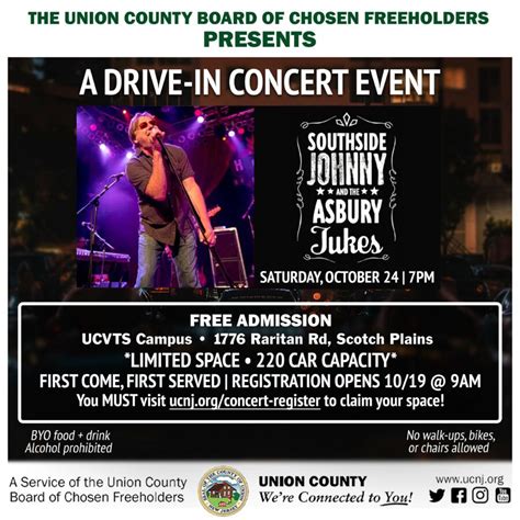 All tickets have to be purchased in advance online. Freeholders present Southside Johnny Drive-In Concert at ...