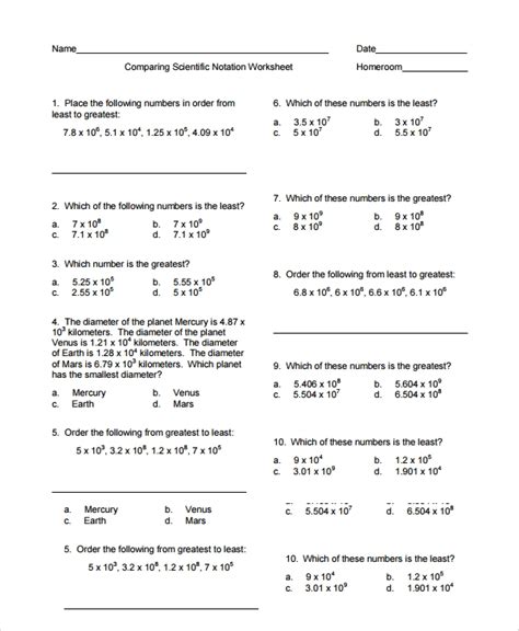 Comparing Large Numbers In Scientific Notation Worksheet