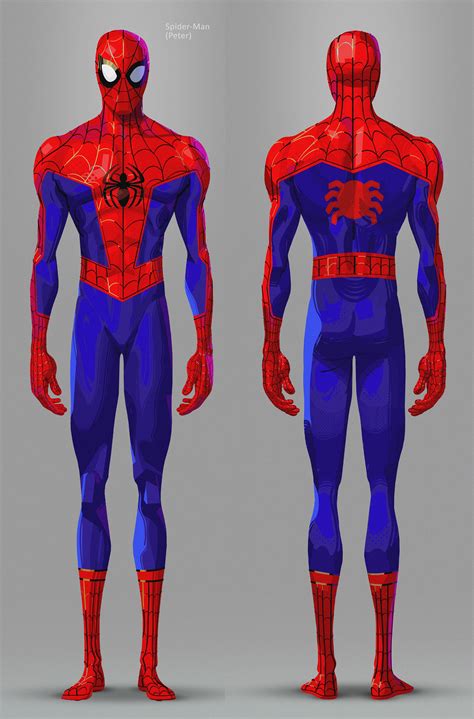 An Image Of A Spider Man Standing In Front And Back Views On A Gray