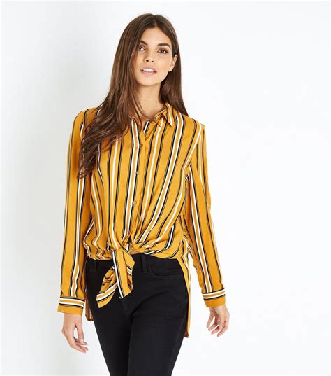 Yellow Striped Tie Front Shirt Outfits With Leggings Classy Shirt