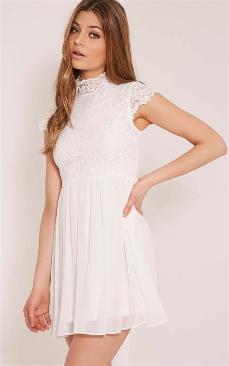 ella cream high neck lace skater dress dresses prettylittlething prettylittlething