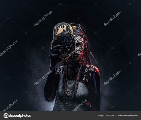 Portrait Scary African Shaman Female Petrified Cracked Skin Dreadlocks