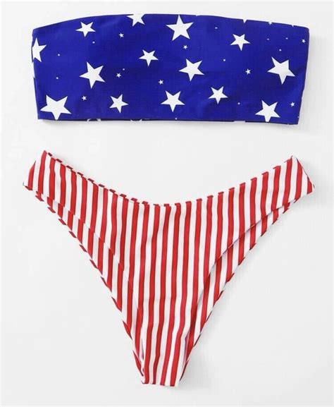 NEW Women S American Flag Star Print Bandeau Two Piece Bikini Set Size