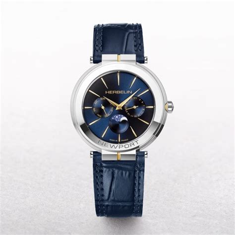 michel herbelin newport slim moonphase watch with blue leather strap