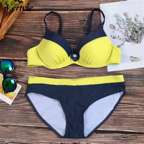 Women Sexy Yellow Bikini Set 2018 Print Swimsuit Girls Push Up Big Bust Swimwear Plus Size Low