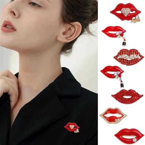 xkzm women s brooch red color rhinestone lips brooches for women fashion sexy mouth neckpin pin