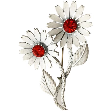 Enameled White Flowers Pin Brooch With Sparkling Red Rhinestones Red