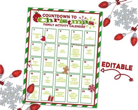 Christmas Countdown Calendar Printable Editable Christmas Etsy
