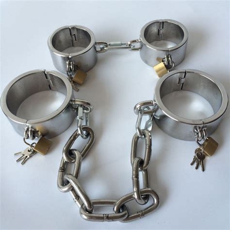2 Pcs Set Stainless Steel Hand Cuffs Anklet Shackle With Chain Handcuffs For Sex Bdsm Bondage