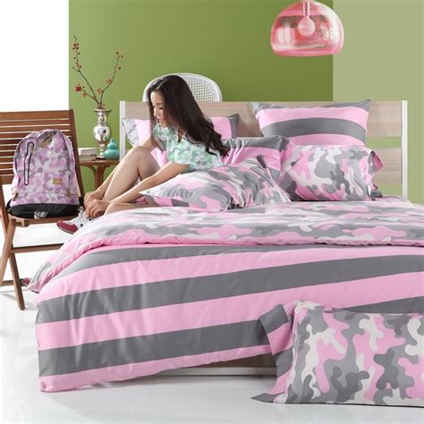 Gray Pink And White Camouflage Pattern With Wide Ticking Stripe Full Queen Size Girls Bedroom