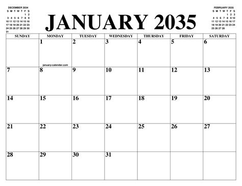 JANUARY 2035 CALENDAR OF THE MONTH: FREE PRINTABLE JANUARY CALENDAR OF