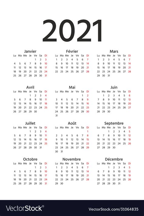 2021 French Calendar Template Year Planner Vector Image