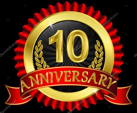 10 Years Anniversary Golden Label With Ribbons Vector Illustration