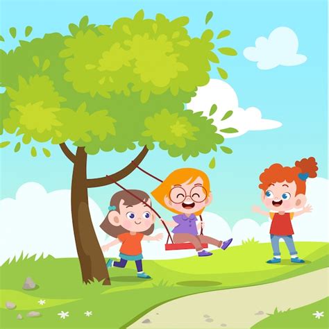 Los Niños Juegan Columpio En El Jardín Ilustración Vectorial Vector