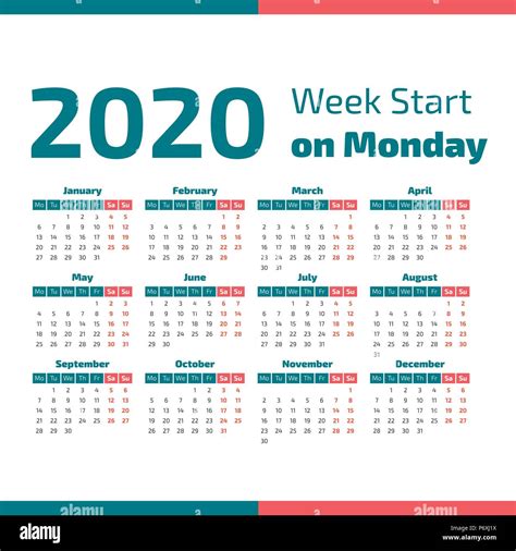 Simple 2020 Year Calendar Week Starts On Monday Stock Vector Image