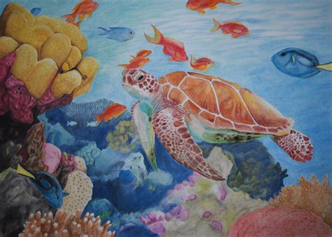 Underwater Scene Coloured Pencil 50x70 Cm Art