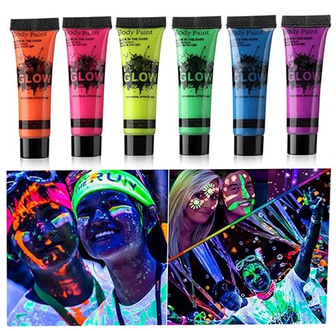 Glow In Dark Face Body Paint Uv Blacklight Neon Fluorescent 0 34oz Set Of 6 Tubes Ladysdreams