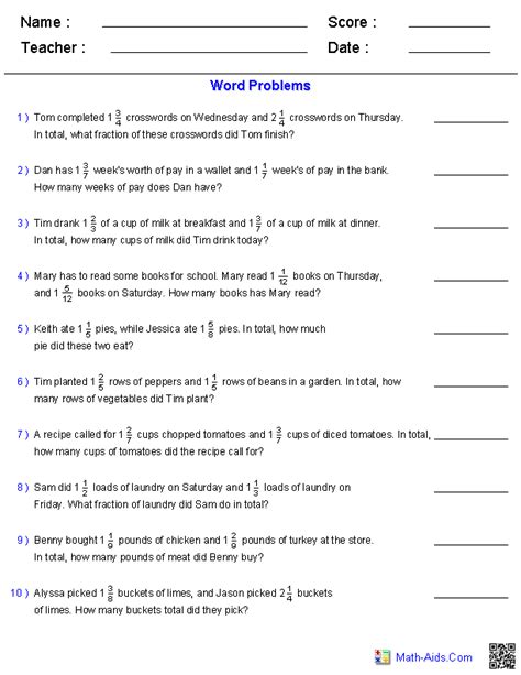 Adding And Subtracting Mixed Numbers Word Problems Worksheet 5th Grade