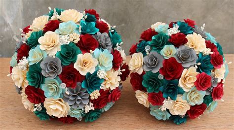 Maroon Teal And Gray Wedding Bouquets Made Of Wooden Flowers Reduce