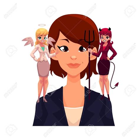 Business Woman With Angel And Devil On Shoulders Decision Making