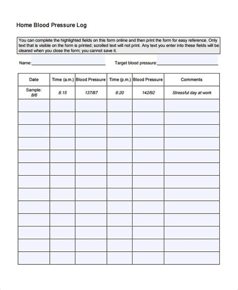 Home Blood Pressure Log Template Free Printable Worksheet