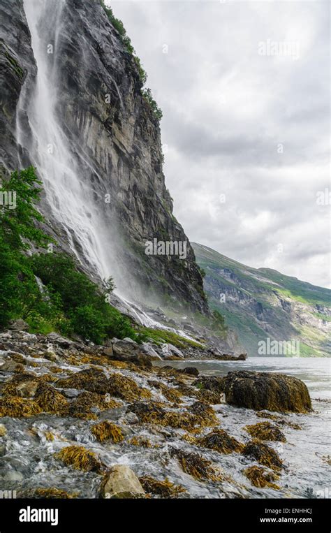 Waterfall Seven Sisters Falling Into Geiranger Fjord Norway Stock