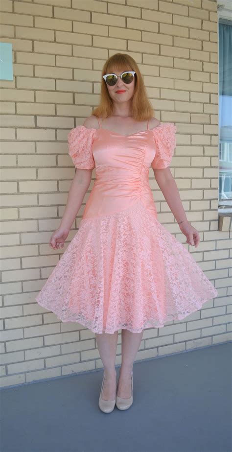 80s peach prom dress vintage gown puffy sleeves off the shoulder fit and flare tea length